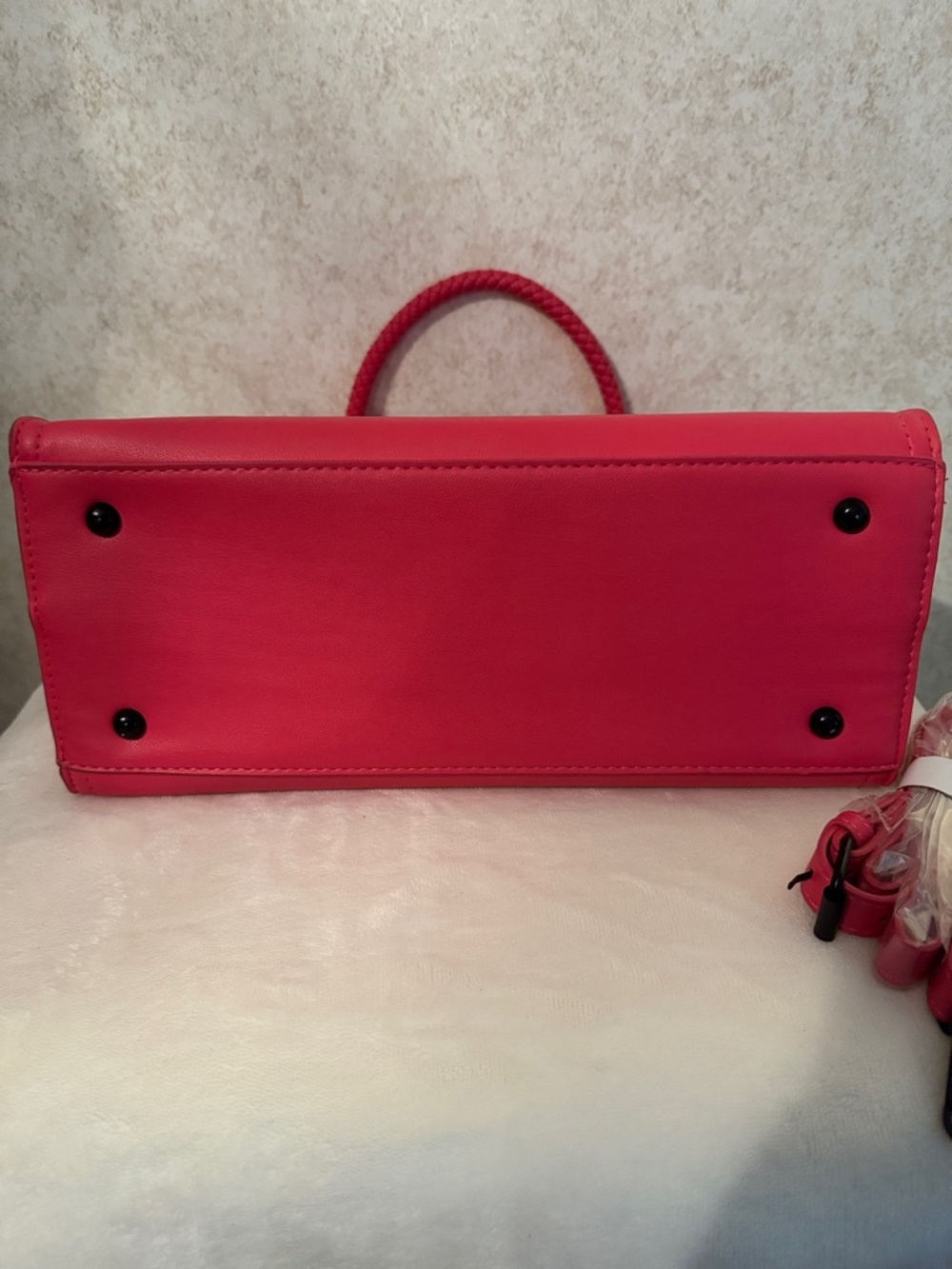 Badgley Mischka Hot Pink Braided Handle Satchel with Black Logo Accent NWOT - Picture 2 of 7